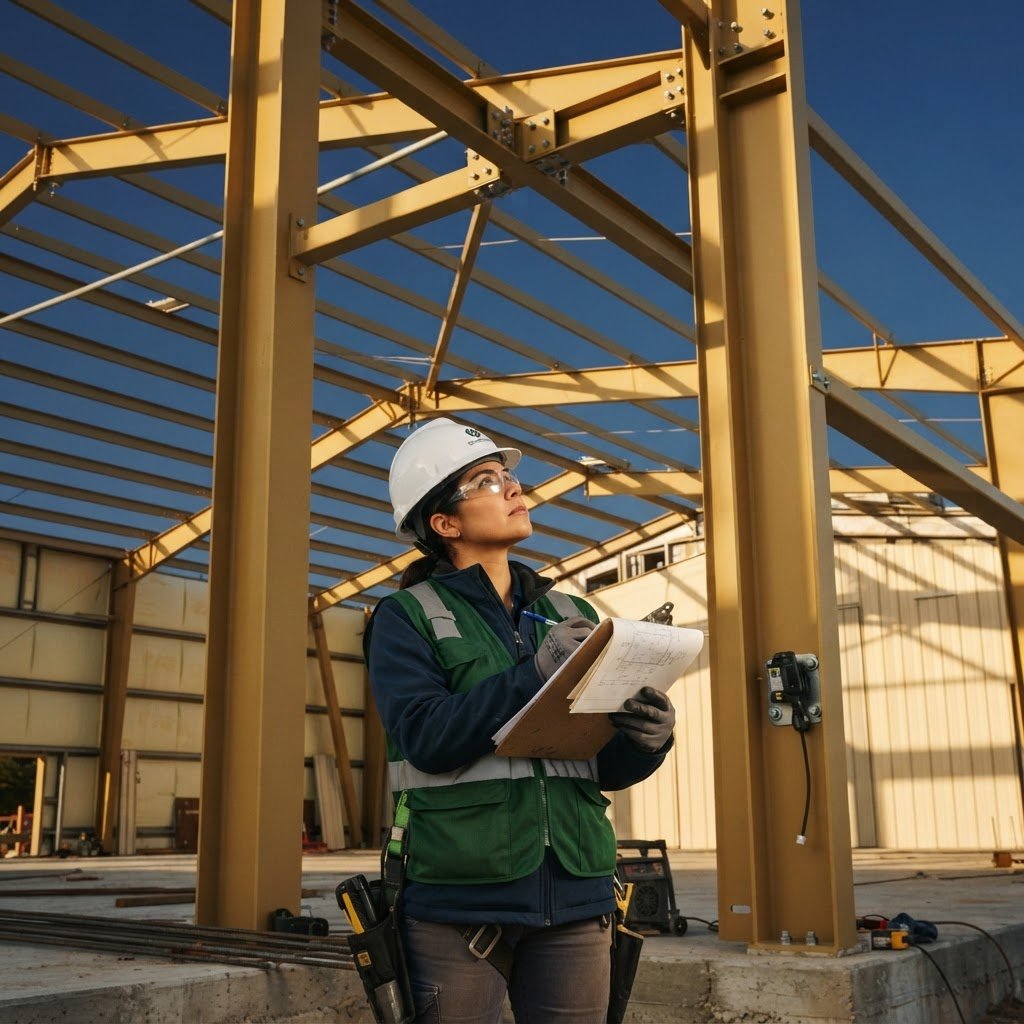 Building inspector examining metal building steel frame