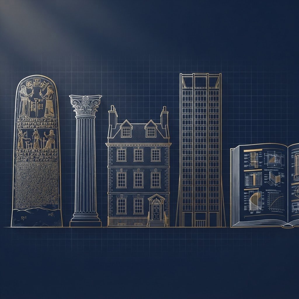 Ancient Babylonian stele transitioning to a modern code book in navy and gold linework