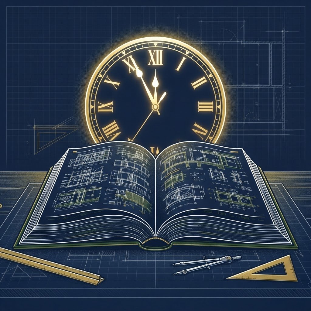 Open code book rendered in blueprint linework with a gold clock behind it
