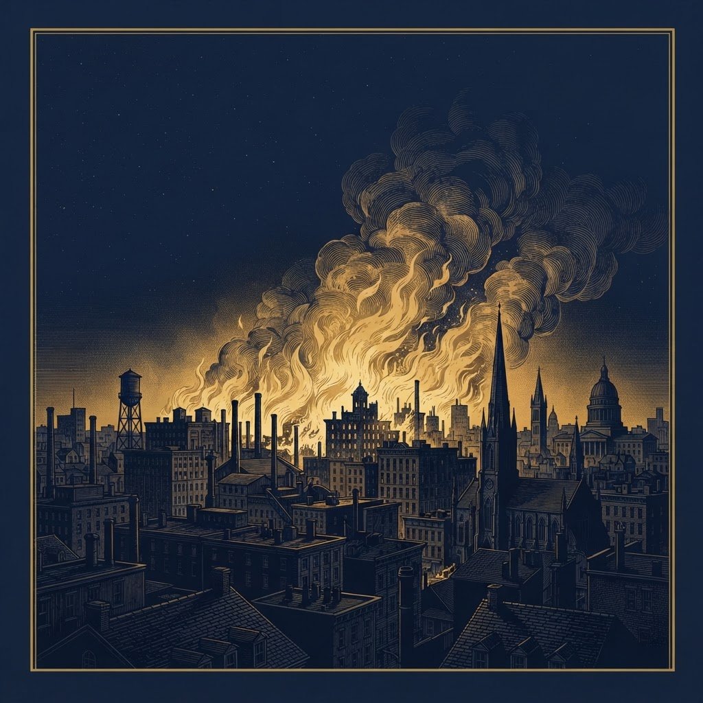 Engraving-style illustration of the Great Chicago Fire of 1871
