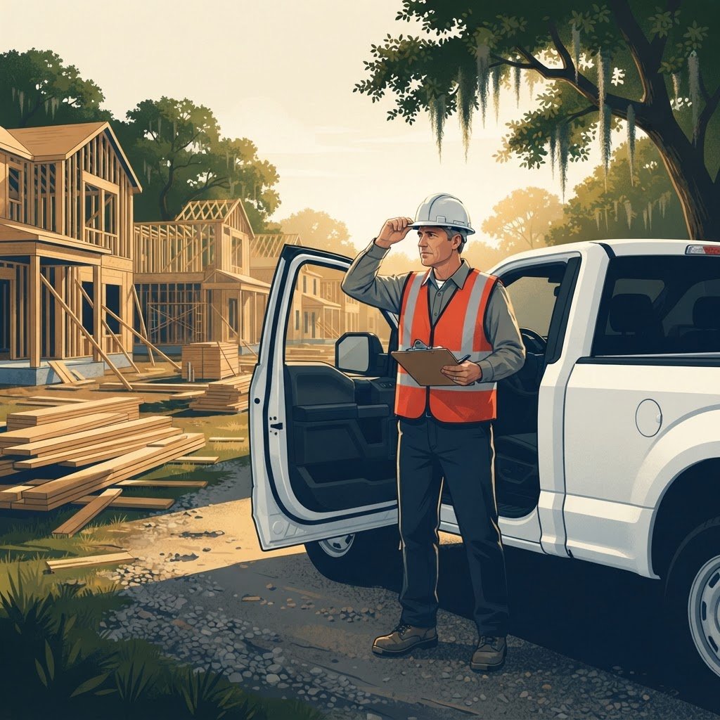 Building inspector scanning a residential construction site from beside his truck